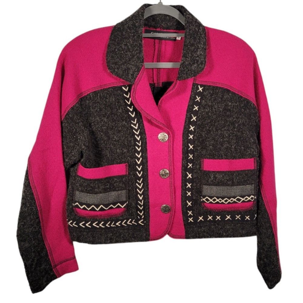 Vtg. Canvasbacks 100% Wool Sweater Large Black Pink Embroidered Pockets USA